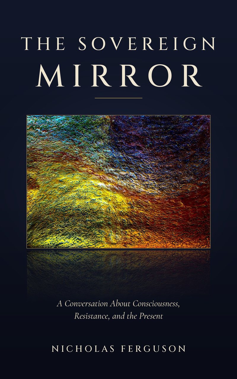 Cover of The Sovereign Mirror by Nicholas Ferguson: a three-field painting in a gold frame, reflected below, on a deep navy background.