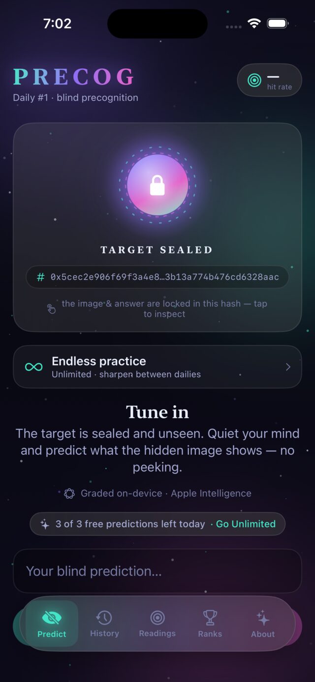 Precog — Predict blind — only a sealed hash, no image