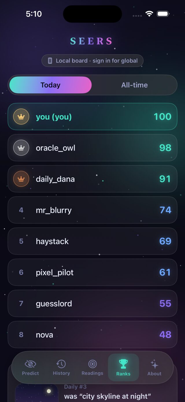 Precog — Leaderboards — local by default, sign in for global